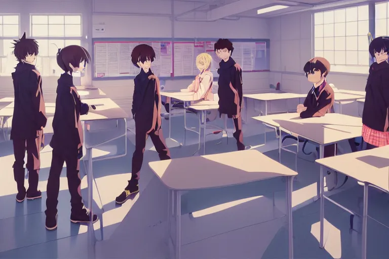 boy's love anime modern high school classroom in, Stable Diffusion