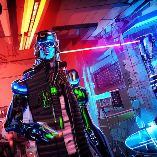 Prompt: a cyborg cyberpunk man stepping into a cyberpunk bar. His right hand is a laser pistol while his other hand has a laser katana. He is surrounded by men with laser katanas as well. The cyborg has a smirk on his face. Neon colors.