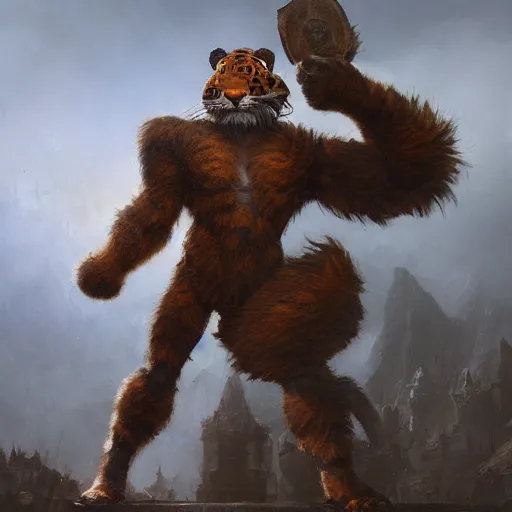 Prompt: shredded physique crisp defined furry fuzzy Man Streetfighter the elder scrolls oblivion Dude wearing Tiger Costume standing atop dumpster greg rutkowski greg danton tony sart raymond swanland chris foss chris cold christophe norman rockwell young acrylic 4k artstation wikiart wikipedia realism tilt-shift