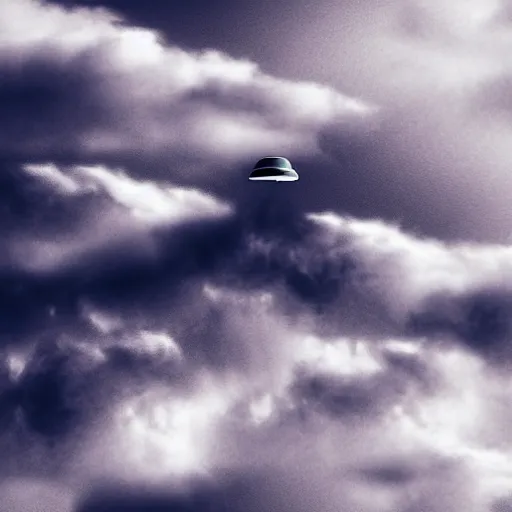 Image similar to high - angle view, from 1 0 0 0 feet in distance, vague uap interstellar vehicle on top of dramatic moody clouds in the sky, muted pearlescent color. minimalist, detailed. ue 5