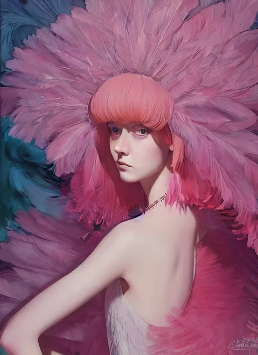 Image similar to beautiful young girl with an pink eccentric haircut wearing an dress made of feathers, artwork made by ilya kuvshinov, inspired in donato giancola, hd, ultra realistic, reflection, stage