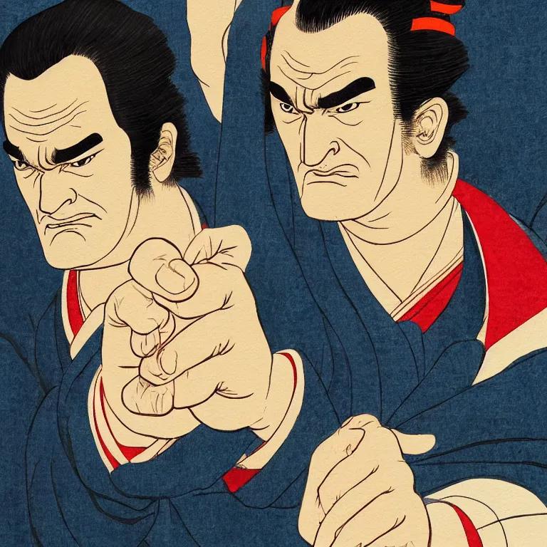 Prompt: Beautiful warmly lit close up studio portrait of Quentin Tarantino scowling and pointing, beautiful watercolor painting in the style of Sharaku , trending on artstation dramatic lighting ukiyo-e