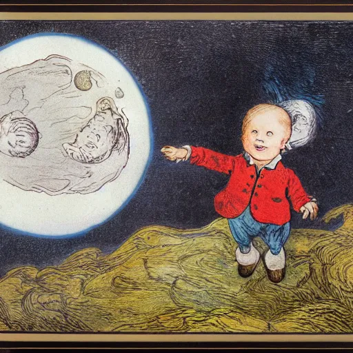 Image similar to cresent moon man smiling portrait, surrounded by clouds, landscape, illustrated by peggy fortnum and beatrix potter and sir john tenniel