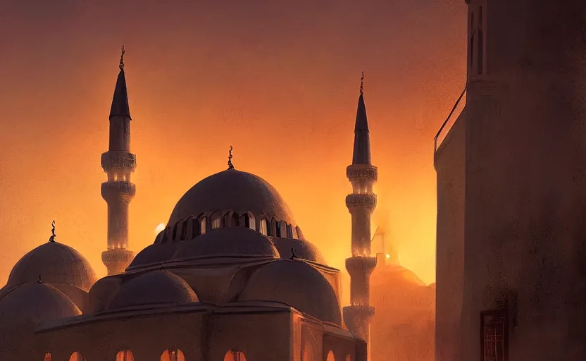 Image similar to painting of a mosque in instanbul at sunset, natural light, concept art, by greg rutkowski, cozy atmospheric and cinematic lighting