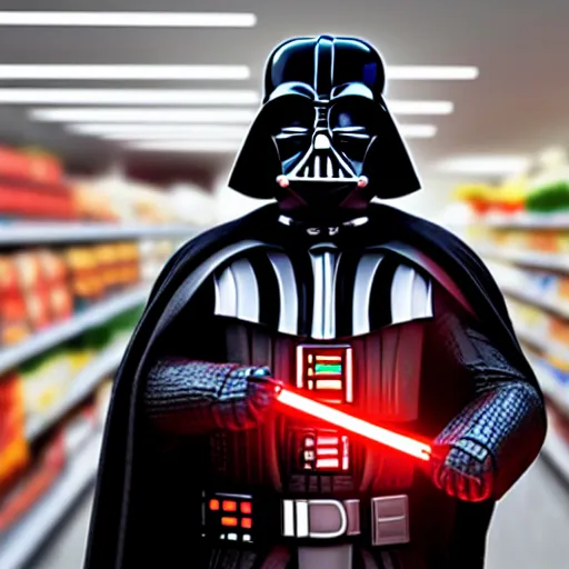 Image similar to A still of a Darth Vader shopping for groceries, 4k, photograph, photoreal, ultra realistic, highly detailed, professional lighting