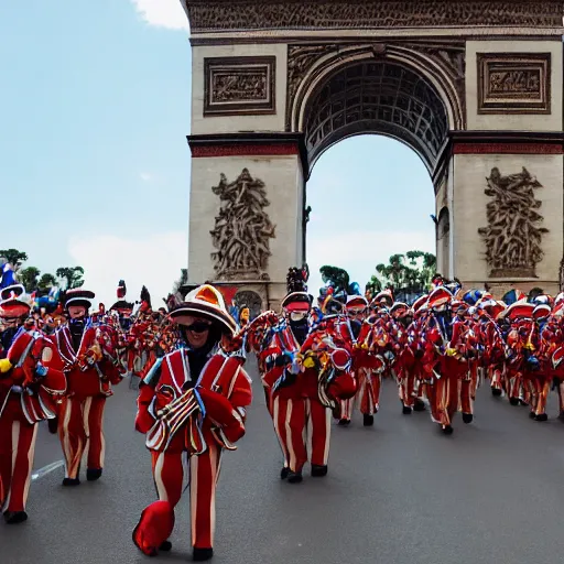 Image similar to a large group of people wearing clown hats marching in formation through the arc de thriump.