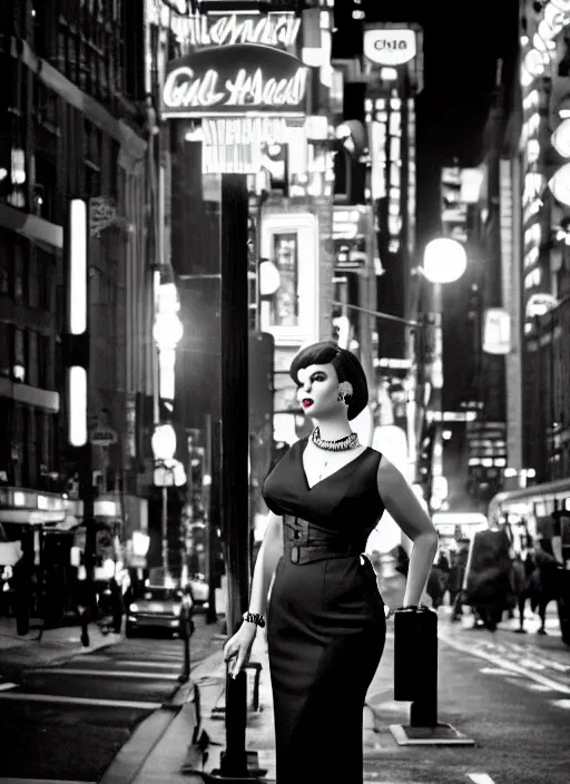 Image similar to a hyper realistic and detailed head portrait photography of a joan holloway, curvy, of mad men on madison avenue, new york city. by annie leibovitz. noir style. cinematic. neon lights glow in the background. ilford hp 5 4 0 0, canon eos c 3 0 0, ƒ 1. 8, 3 5 mm, 8 k, medium - format print