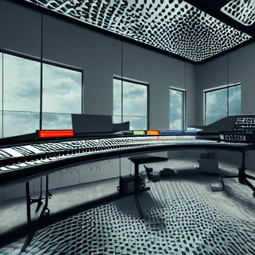 Image similar to Virtual Reality music studio Ableton Live theme concept, light rays coming out of the windows, Paris loft style, raytracing, highly detailed, futuristic, unreal engine 5, photoscan