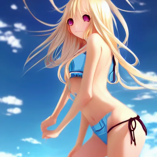 Prompt: a very beautiful young anime giantess, from below perspective,, full body, long wavy blond hair, sky blue eyes, full round face, evil grin, bikini, miniskirt, front view, mid - shot, highly detailed, cinematic wallpaper by stanley artgerm lau