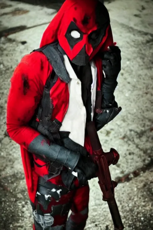 Image similar to red hood cosplay, creepy, disturbing, bloody, darkness, grainy