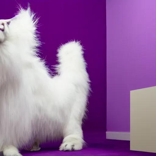 Image similar to A photo of a white fur monster standing in a purple room