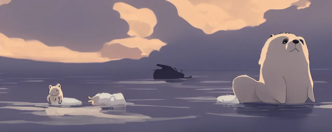 Prompt: a baby harp seal lying on ice looking worried, orcas in the water, atey ghailan, goro fujita, studio ghibli, rim light, ominous lighting, clear focus, very coherent,