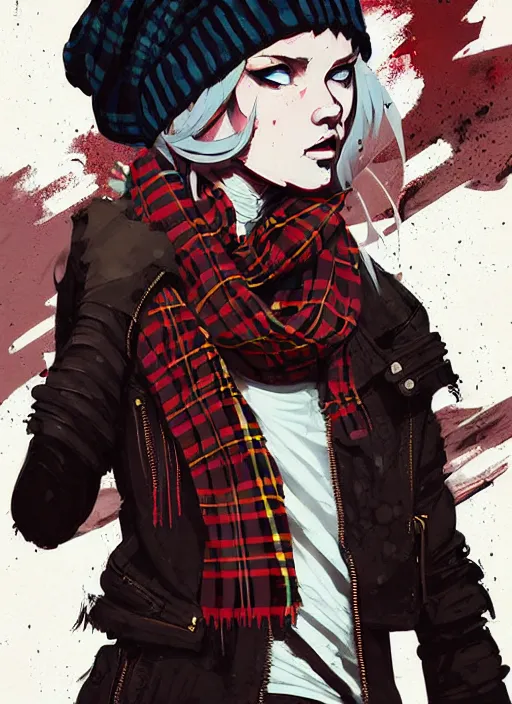 Image similar to highly detailed portrait of a sewer punk lady student, beanie, tartan scarf, wavy blonde hair by atey ghailan, by greg rutkowski, by greg tocchini, by james gilleard, by joe fenton, by kaethe butcher, gradient red, black, brown and cream color scheme, grunge aesthetic!!! white graffiti tag wall background