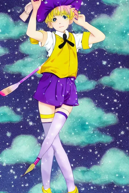 Image similar to A character sheet with a dramatic pose of an anime magical girl holding a paintbrush with short blond hair and freckles wearing an oversized purple Beret, Purple overall shorts, jester shoes, a long yellow scarf, and white leggings covered in stars. Surrounded by clouds and the night sky. Rainbow accents on outfit. Card captor Sakura inspired. By Naoko Takeuchi. By CLAMP. By WLOP.