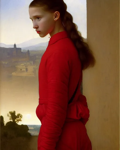 Image similar to a window - lit realistic portrait painting of a thoughtful girl resembling a young, shy, redheaded alicia vikander or millie bobby brown wearing a futuristic red plastic spacesuit, lit by an oval window at the side, highly detailed, intricate, by vermeer, william bouguereau, and donato giancola, and vermeer