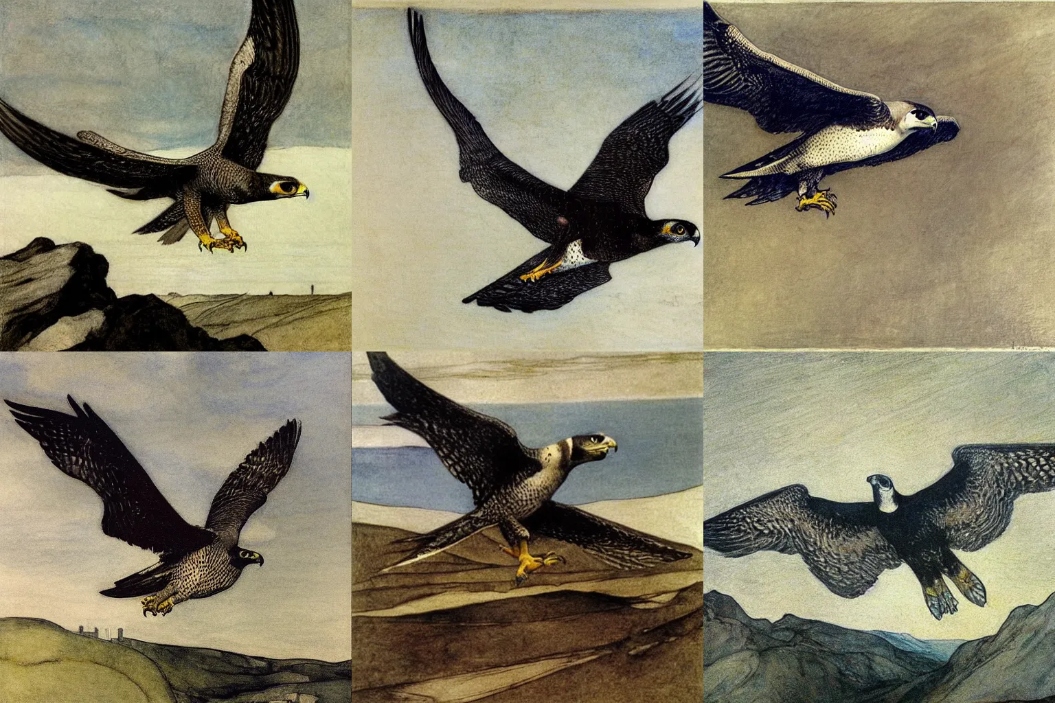 Prompt: a peregrine falcon flying in a widening gyre, painting by arthur rackham, edward hopper and fernand khnopff