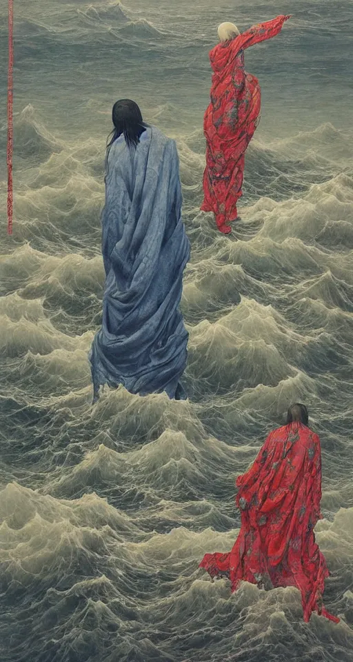 Image similar to worshippers in robes belonging to the cult of the lighthouse standing in waves, a lighthouse, high detailed Beksinski painting, part by Adrian Ghenie and Gerhard Richter. art by Takato Yamamoto. masterpiece, deep colours, blue