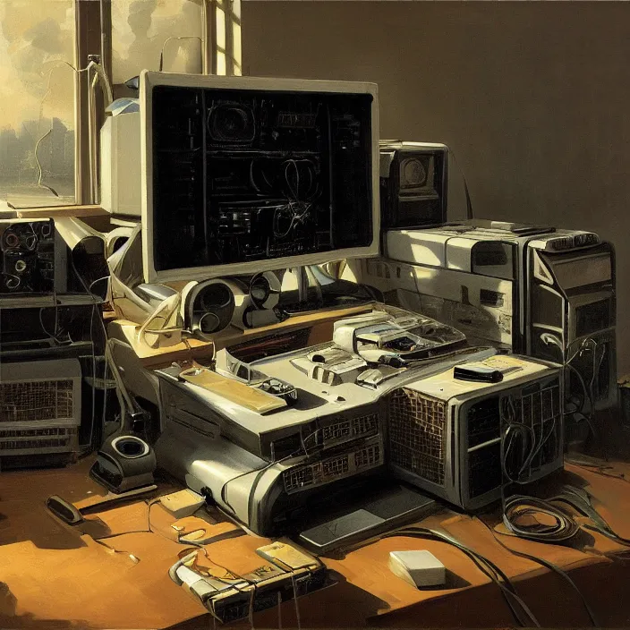 Image similar to still life painting of a retro electronics supercomputer workstation by pieter claesz, oil on canvas, blade runner vibes, syd mead concept art, strong lighting, highly detailed, hyper realism, golden hour, god rays, hd, 4 k