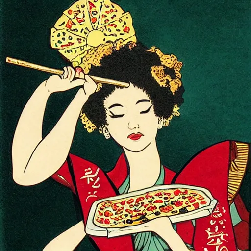 Prompt: afrodita in kimono eating pizza, greek mythology art