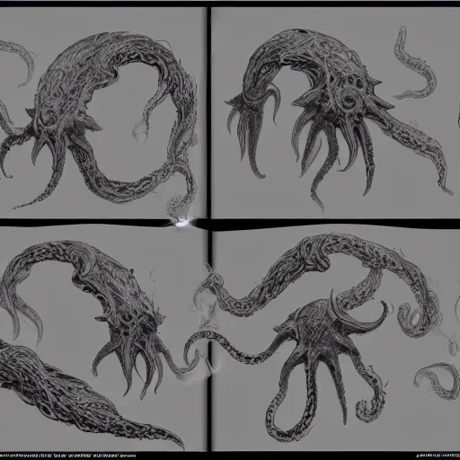 Prompt: concept turnaround page of an elegant humanoid ethereal wraith like being with a body made of plasma and the stars of the cosmos contained in a strange fog it emits,it has a large squid lshaped parasite merged onto its frozen flaming skull and four long tentacle arms that flow gracefully at its sides and act as a cloak while it floats around a long forgotten shore, it gets its power from the light of the moon and the fear of its prey and lives for the hunt, it has a very loud screech attack that can incapacitate most living things nearby, this character has cryokinesis and umbrakinesis and is for the franchise Bloodborne with inspiration from the silent hill frachise and the game resident evil village