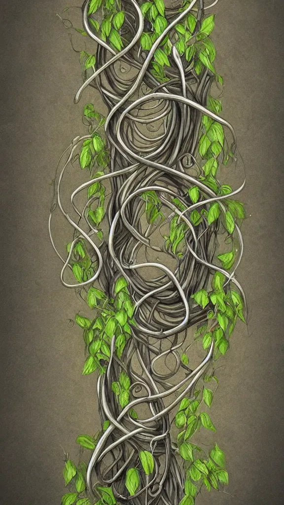 Image similar to a flute with long thick vines wrapping around it, fantasy art, art station, grey background,