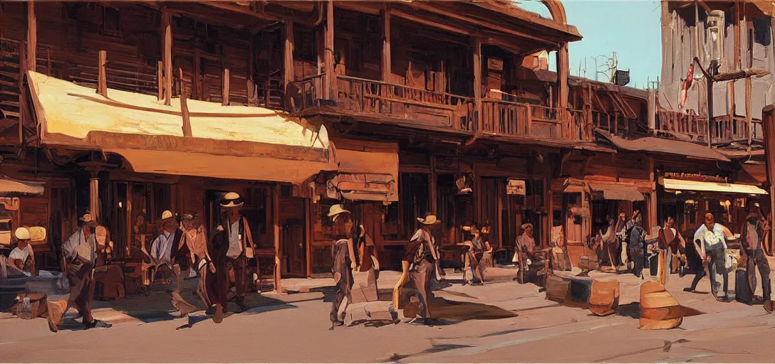 Prompt: from a movie scene, painting of a western saloon exterior in old town, syd mead, cinematic wide shot