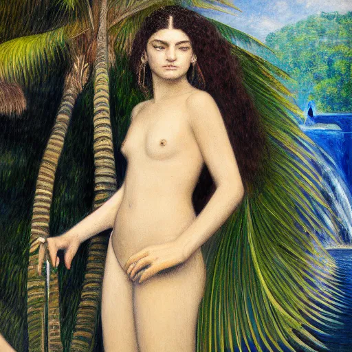 Image similar to a ultradetailed beautiful painting of lorde standing in front of the diamonds waterfall in the amazonas palace balustrade designed by jules bastien - lepage, tarsila do amaral, frank weston and gustave baumann, beach, trending on artstation, mediterranean, palm trees, sharp focus, soft light, 8 k 4 k