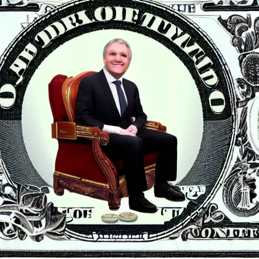 Image similar to a politician sitting on q throne made of money, high definition image