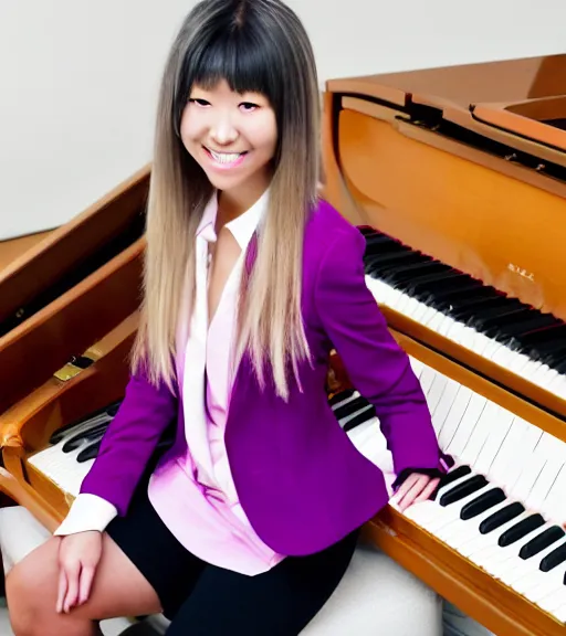 Image similar to a professional portrait photograph of kaede akamatsu, an eighteen year old japanese woman with blonde shoulder length hair, a cowlick, musical note hairpins, a pink blazer, a white backpack, purple contact lenses, and a kind smile, beautiful features, pianist, at her piano