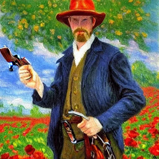 Prompt: an impressionist painting of a tall man with blue eyes and brown hair that is wearing a wide brim leather hat and a leather vest. He is holding a revolver in his left hand and a ((((red rose is in his right hand))))!!!!!!!!!!!. He is standing in a field of roses. Blue sky in the background