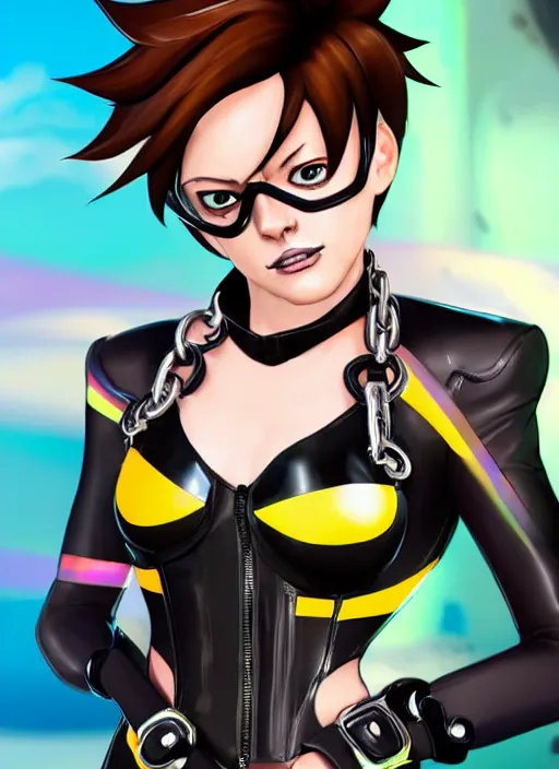 Image similar to full body digital artwork of tracer overwatch, wearing black iridescent rainbow latex swimsuit, 4 k, expressive happy smug expression, makeup, in style of mark arian, wearing detailed black leather collar, wearing chains, black leather harness, leather cuffs around wrists, detailed face and eyes,