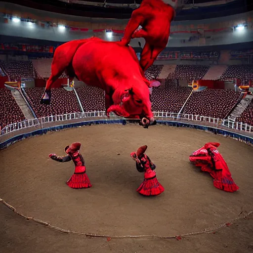 Prompt: electric red by frieke janssens, by glen fabry. a mixed mediart of a bullfight in spain. the mixed mediart is set in an arena with spectators in the stands. several figures in the mixed mediart, including a matador & a bull.