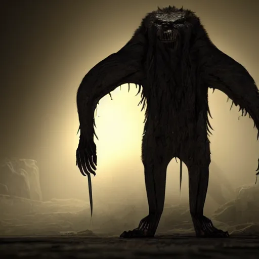 Image similar to tall bipedal creature in the darkness, long claws, large long pointy teeth, drooling, hunched over, dark cavern, no light, highly intricate, detailed, 8 k