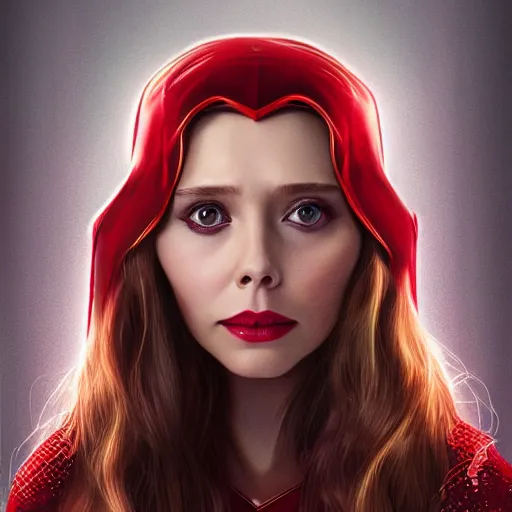 Prompt: A portrait of elizabeth Olsen as scarlet witch with the scarlet witch crown, cinematic, digital art, amazing detail