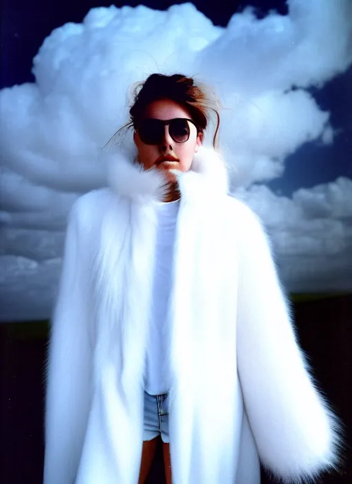 Image similar to realistic photo portrait of the common female student wearing white shorts, dressed in white long fur coat, face is hidden, there is a cloud in the middle 1 9 9 0, life magazine photo