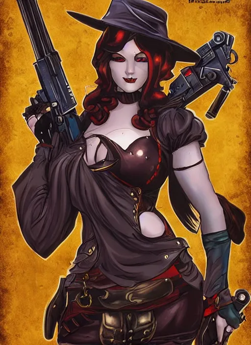 Image similar to Lady Mechanika in a Comic Book cover, holding a shotgun, artstation, Deviantart, Wallpaper, sharp,