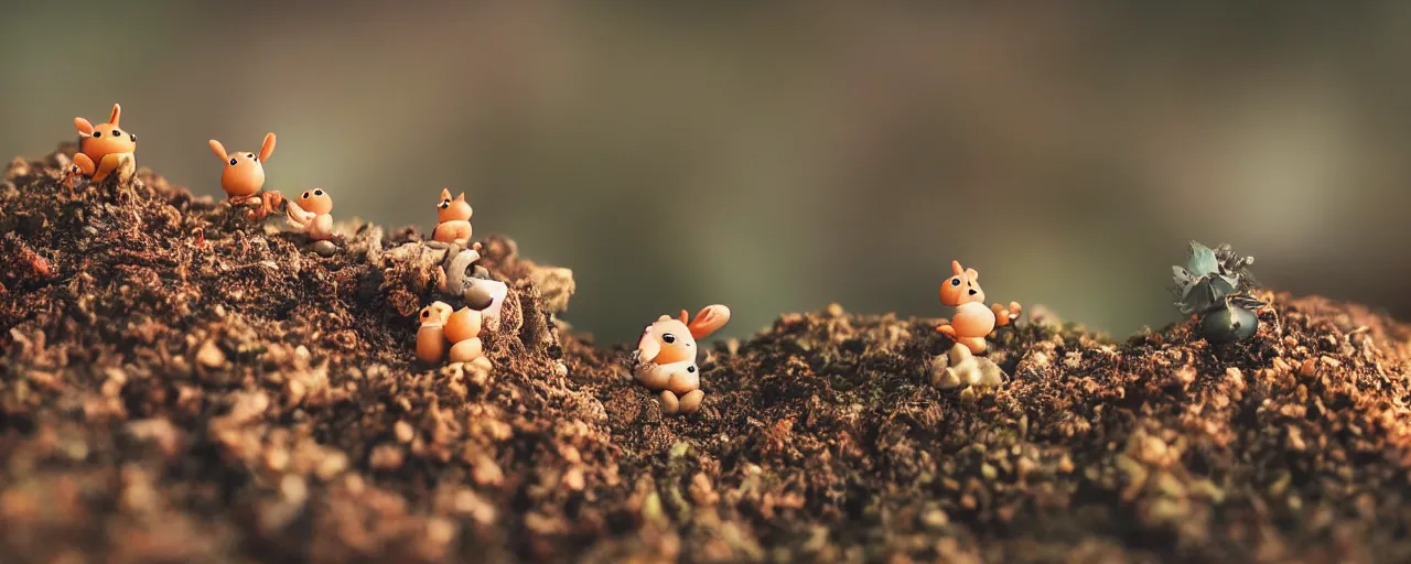 Image similar to tiny cute forest creatures seeking shelter by bobby chiu, at sunset, macro photography, goro fujita, cute, adorable, cinematic, happy, detailed, 8 k