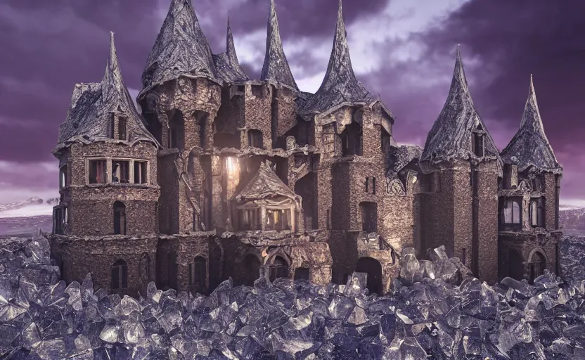 Image similar to medieval baroque castle made of crystal shards, epic landscape, iceland photography, cinematic, octane render, 8 k, art station, dramatic lighting, beautiful dusk sky, concept art, rococo, photo realistic, intense detail