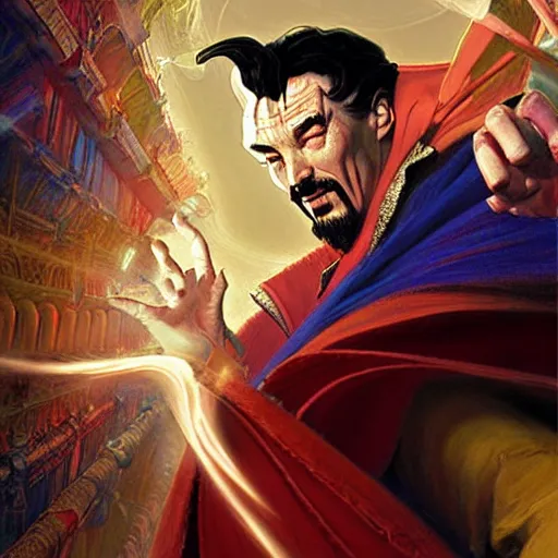 Prompt: the third first image on the scattered absurdity server, dr strange and dr seuss, very pretty, photorealistic, portal hopping and time warping with reckless abandon, highly detailed painting by gaston bussiere, craig mullins, j. c. leyendecker