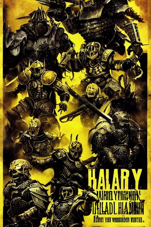 Image similar to an armored barbarian, loaded with weapons and animal skulls, horror sci - fi black and yellow poster