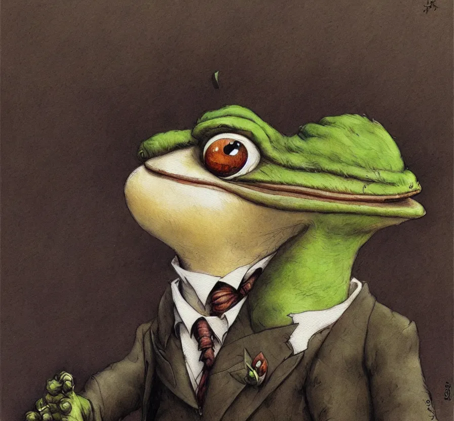 Image similar to pepe in business suit, by jean baptiste monge, acrilic paint