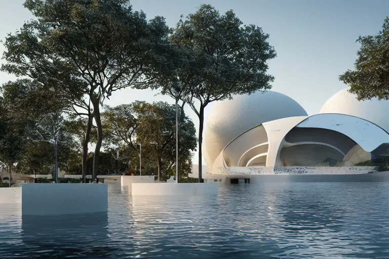 Image similar to a building formed by the intersection and fusion of many white spherical and egg - shaped spaces. on the calm lake, people's perspective modern curved architecture, future, wood, marble, metal award winning, highly detailed 4 k art, dusk, unreal engine highly rendered, global illumination, radial light, internal environment by kazuyo sejima