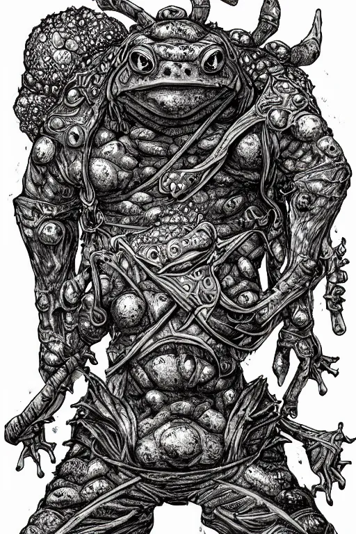 Image similar to humanoid toad warrior, frog themed, bog, symmetrical, highly detailed, digital art, sharp focus, trending on art station, kentaro miura manga art style