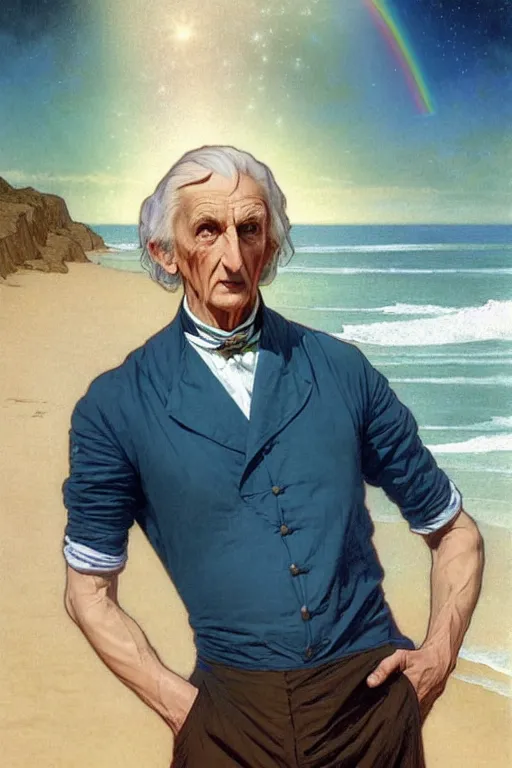 Image similar to the first doctor, william hartnel on a beach, wearing a blue shirt with horizontal rainbow stripe, the ocean in the background, swirling colourful stars in the background, art by artgerm and greg rutkowski and alphonse mucha