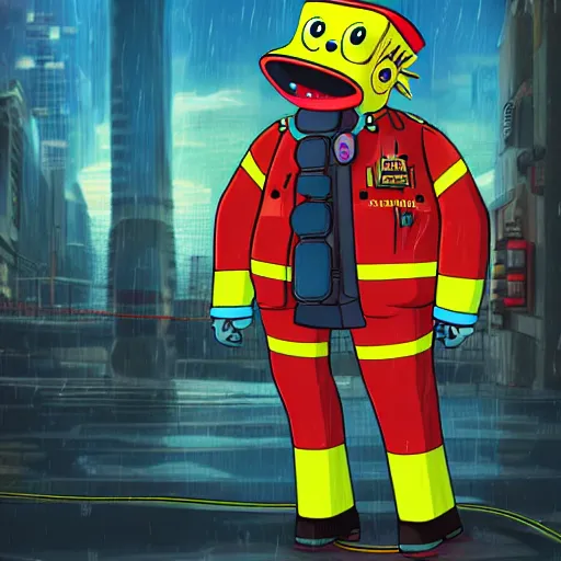 Prompt: cyberpunk spongebob as a firefighter in the city, cinematic, high definition, digital art,