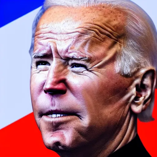 Prompt: Joe biden draped in russian colors, russian flag behind him.