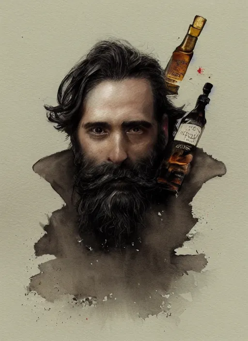 Prompt: portrait, a handsome small Frenchman with beard and long black hair toasting with whiskey, watercolor, dramatic lighting, cinematic, establishing shot, extremely high detail, foto realistic, cinematic lighting, digital art, by Yoshitaka Amano, Ruan Jia, Kentaro Miura, Artgerm, post processed, concept art, artstation, matte painting, style by eddie mendoza, raphael lacoste, alex ross