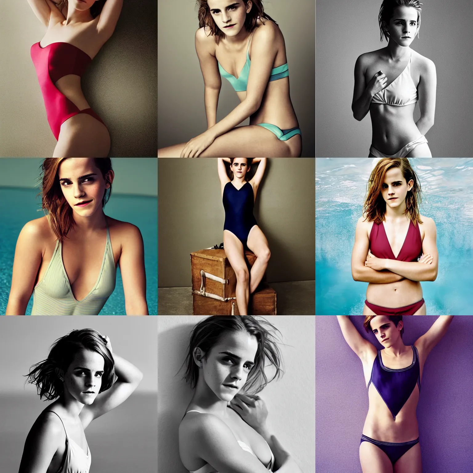 Prompt: Photo of Emma Watson in swimsuit, soft studio lighting, photo taken by Martin Schoeller for Abercrombie and Fitch, award-winning photograph, 24mm f/1.4