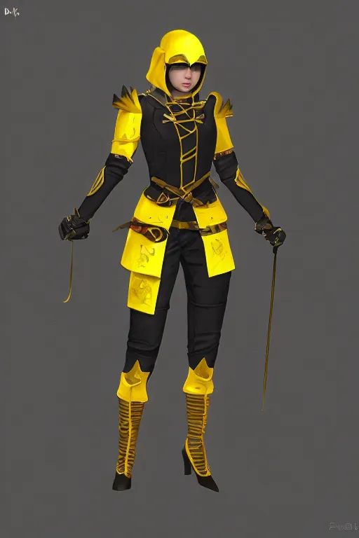 Prompt: female adventurer in tight full - body canary yellow gambeson leather armor of italian design with diamond pattern and black accents and a closed armet helmet, trending in artstation, establishing shot