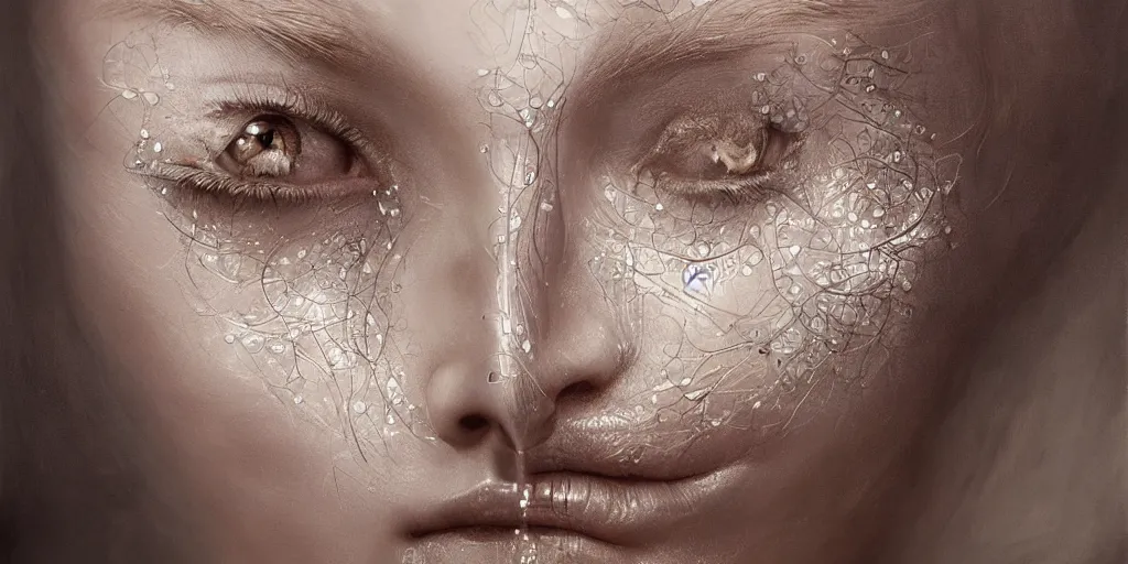 Prompt: hyperrealistic photography of a highly intricate, stunning, beautiful, perfect cyborg female, elbow, knee, intimate, hand holdings, in the style of beth cavener, jin kagetsu, chuck close, and wlop, highly detailed, face, eyes closed, symmetry, masterpiece, award - winning, sharp focus, concept art, ambient lighting, 8 k, artstation